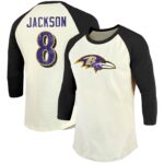 Men's Lamar Jackson Cream/Black Baltimore Ravens Vintage Player Name & Number Raglan 3/4-Sleeve T-Shirt